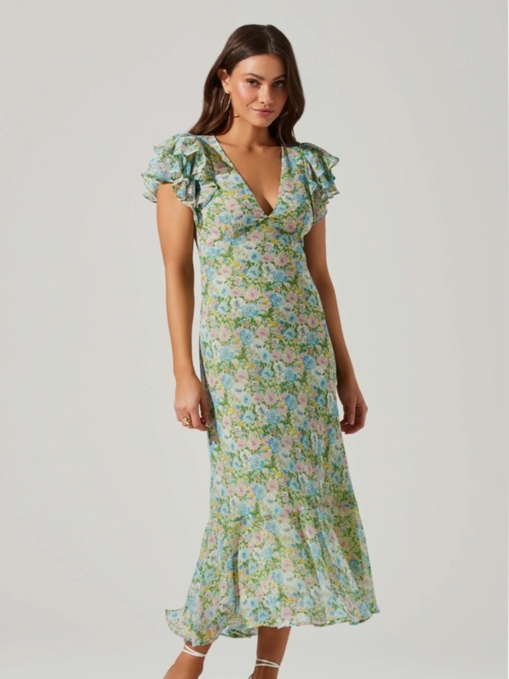 ASTR THE LABEL Celestine Floral Ruffle Midi Dress in Green/Blue/Pink | Size XS